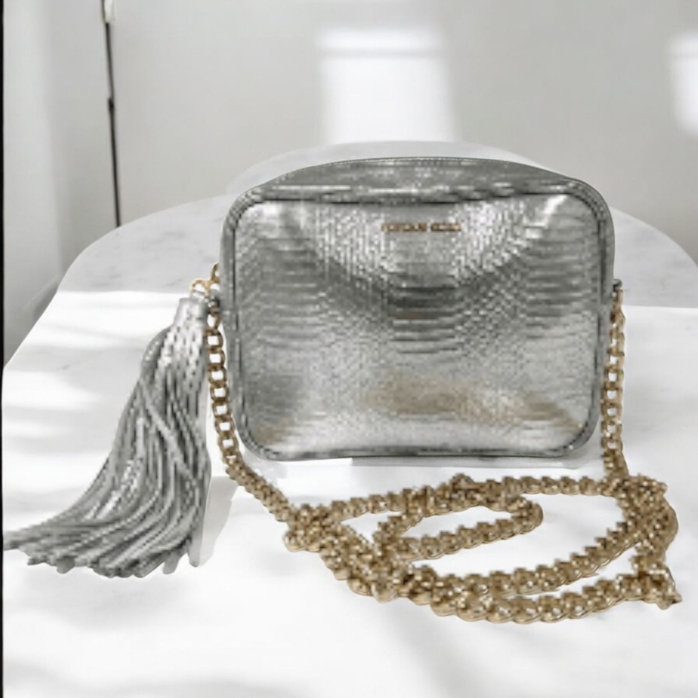 Victoria Secret Metallic Silver Faux Snake Print Crossbody Bag with Gold Chain
